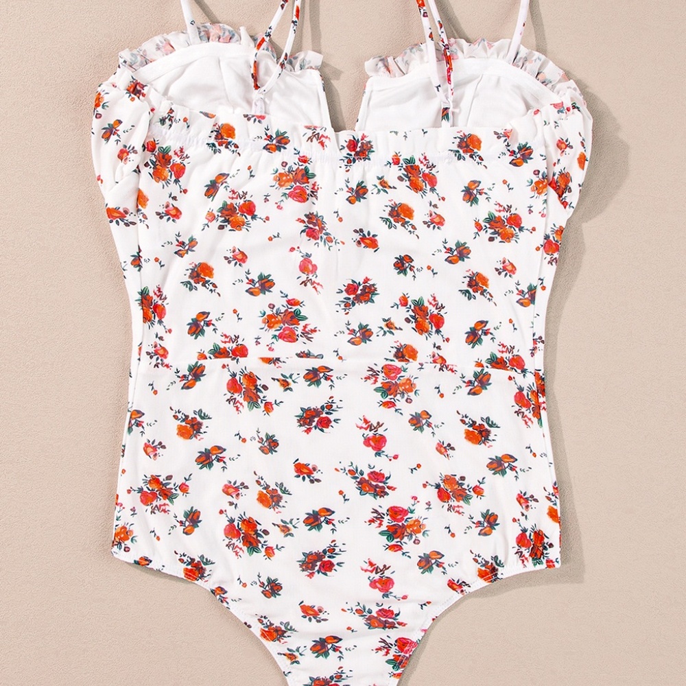 White Floral V Cut Frilled Trim Spaghetti Straps Bodysuit - Picture 5 of 12